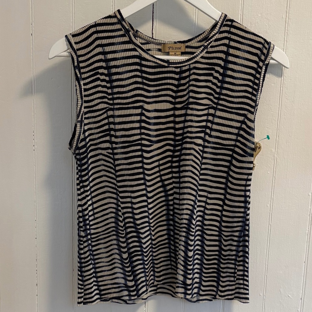 Plissé Accordion Pleat Blue and White Striped Sleeveless Top M